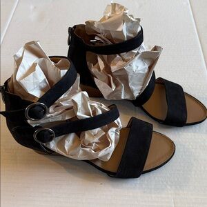 Franco Sarto - Derek Casual Ankle Strappy Wedge - Black Leather - Size 10